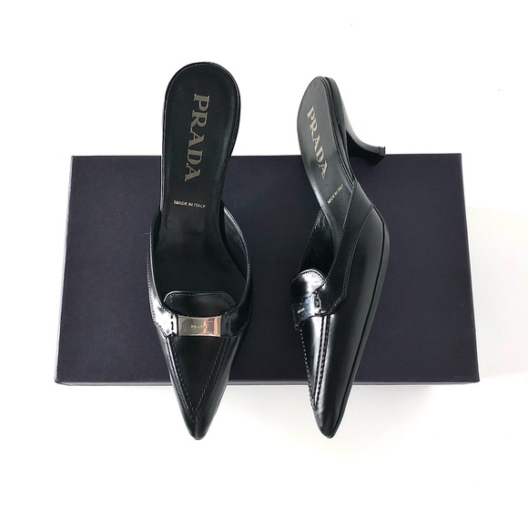 NIB Prada Logo Plaque Black Pointed Toe Kitten Heel Mules Pumps 36.5 - Picture 1 of 10